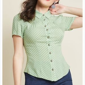 Modcloth Green and white polka dot blouse